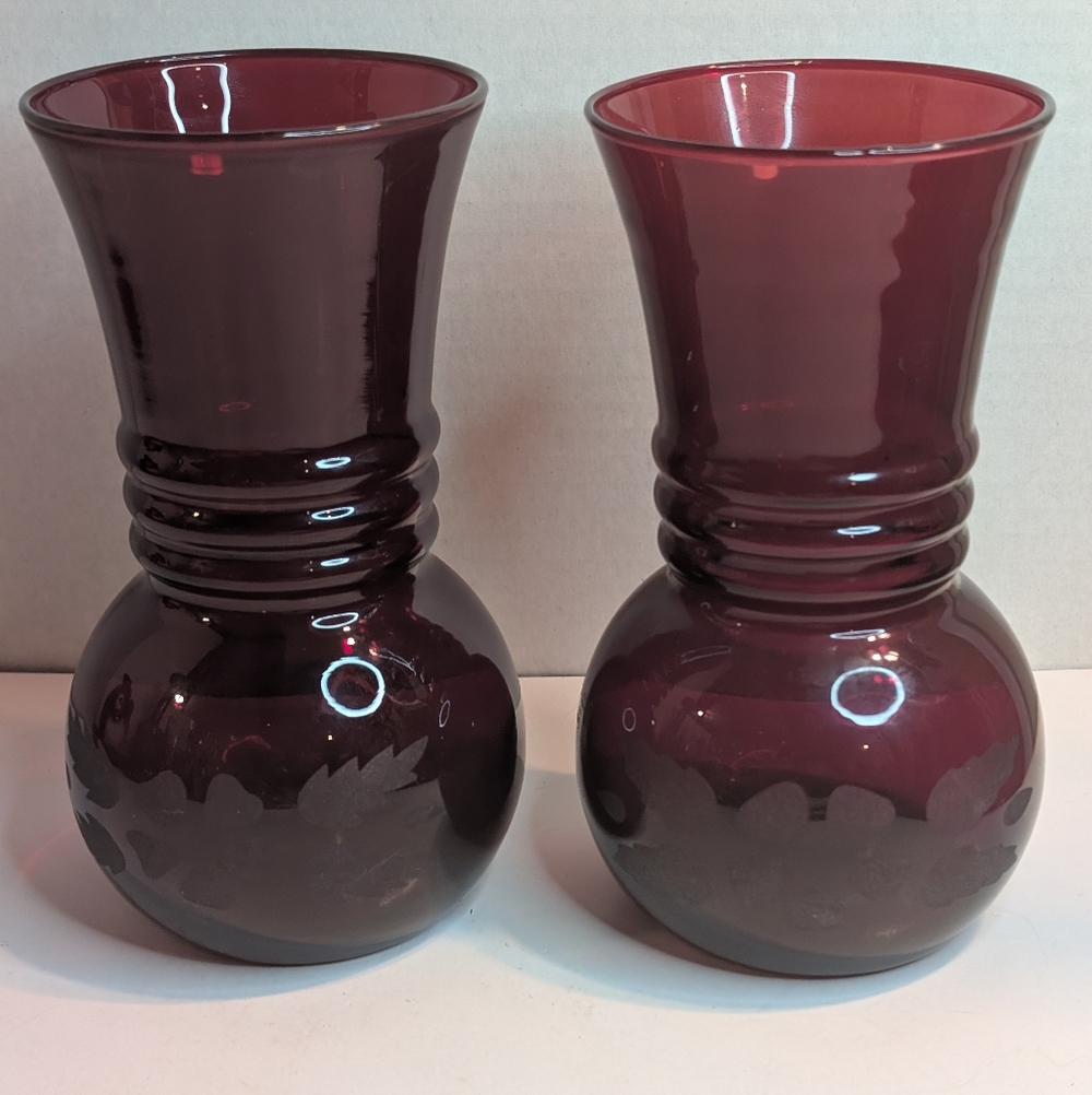 2 Anchor Hocking Ruby Red Pineapple Vase with Etched Design Ruby Red Glass.